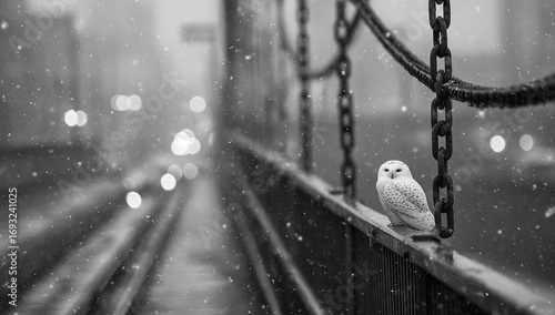 Snowy owl on bridge railing in black and white winter city
