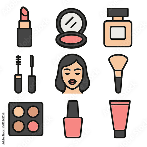 A vector set of cosmetics icons, a collection of makeup illustration signs, and a symbol or logo representing women's beauty
