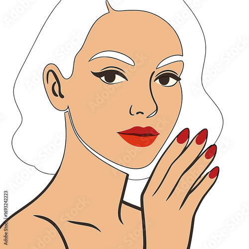 A beautiful girl with classic makeup, red nails, a manicure design, and a stunning face