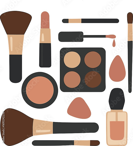 A flat lay of makeup brushes and beauty products arranged on a white isolated background against a transparent  backdrop