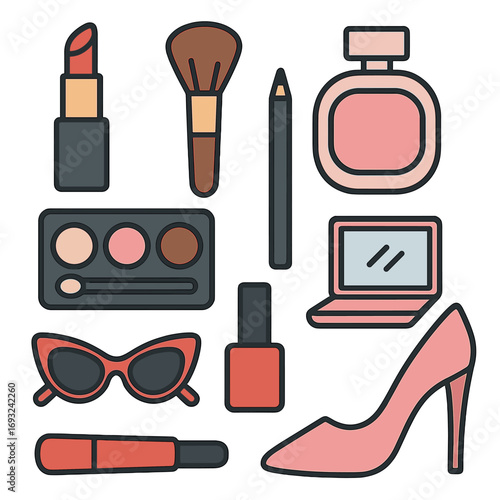 Several makeup and fashion items isolated on a transparent cutout background