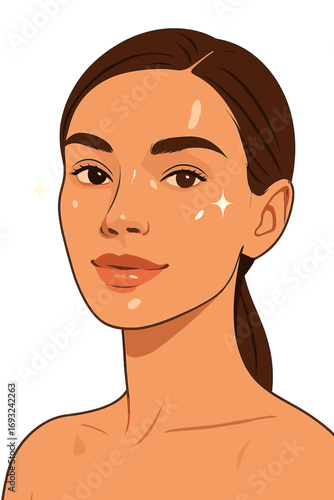 A close‑up portrait of a young woman with radiant, healthy skin, natural makeup, and lip gloss, showcasing a beauty concept focused on skincare and cosmetics