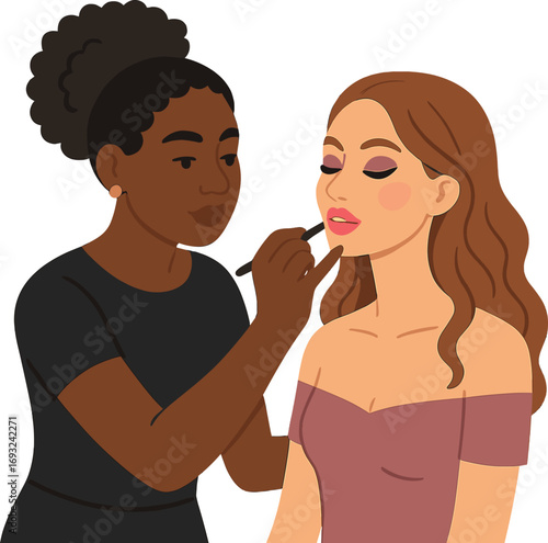 A multiracial makeup artist is preparing stunning cosmetics and applying pink lipstick