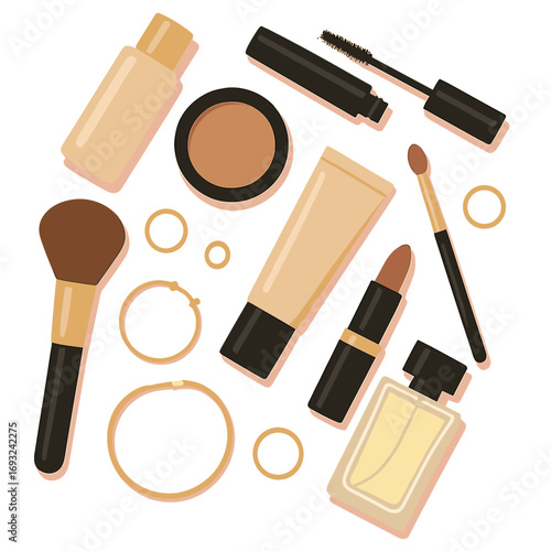 A top-down view of high-end cosmetics and makeup tools against a pastel pink backdrop, accented with gold accessories, ideal for beauty product advertisements