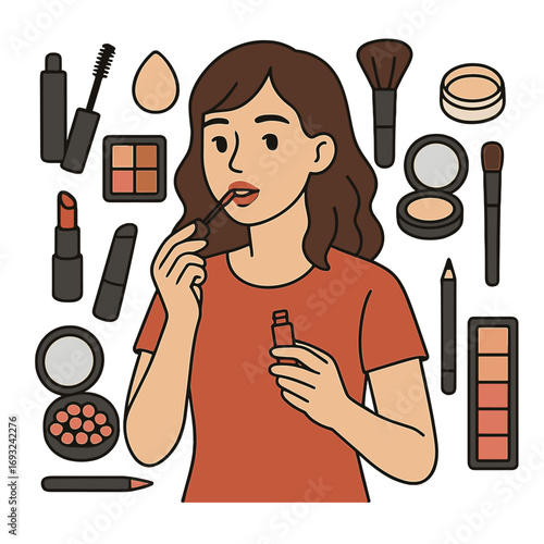A woman applies lip gloss amid a spread of assorted cosmetics