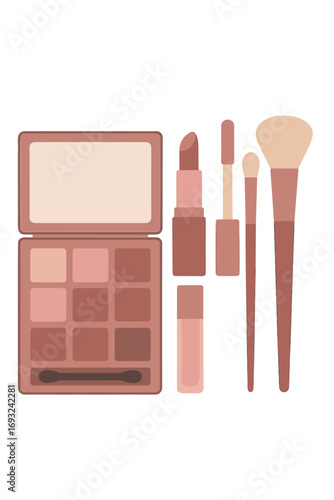 A rose-colored makeup set featuring an eyeshadow palette, lip products, and brushes