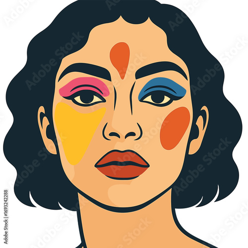 A vivid close‑up portrait featuring an expressive face decked in bright makeup hues, merging beauty and creativity while emphasizing individuality and artistic expression