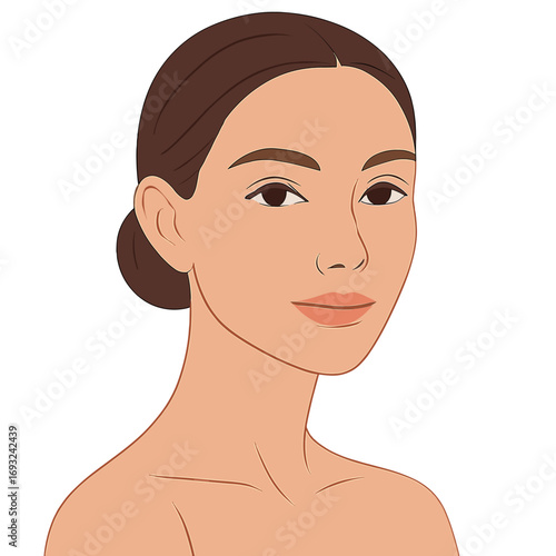 A portrait of a beautiful young woman with flawless, clean skin, natural makeup, and healthy skincare, set against a white background, embodying wellness, beauty, smooth soft skin, and a fresh
