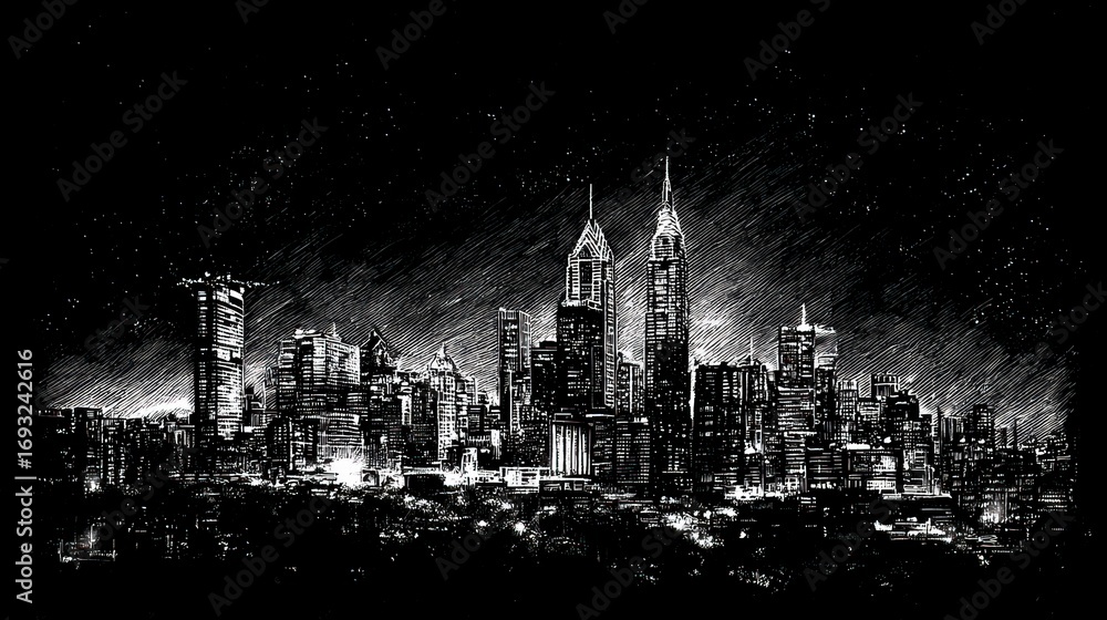 Fototapeta premium Cityscape nighttime drawing