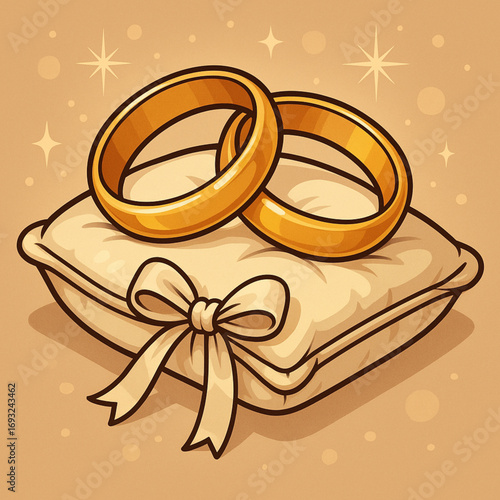 Cartoon Illustration of Wedding Rings on Silk Pillow Elegant Celebratory Romantic Design