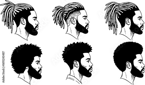 Set of Dreadlocks Hairstyles, Afro Hair and Beard. Black Men African American Profile Silhouettes and Side View Portraits. afroharren