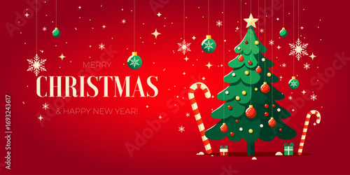 Merry Christmas greeting card. Christmas Tree on Red Background. Christmas card illustration. Merry Christmas background with Christmas tree and snowflakes. Christmas red banner design