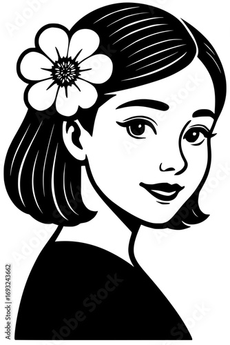 Black and white stylized illustration of a young woman with short hair and a flower
