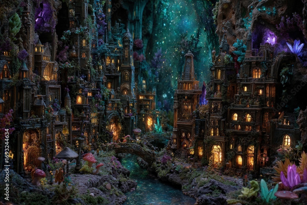 Obraz premium Fantasy Illuminated Crystal Cityscape Under Glow