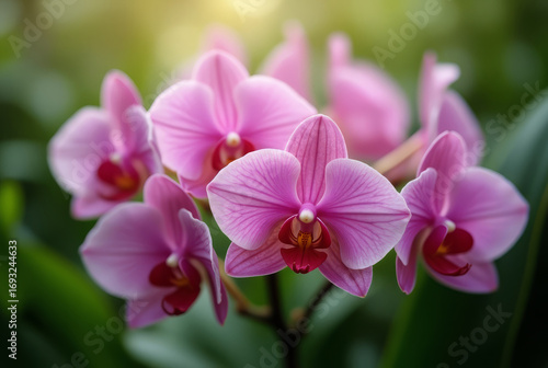Pink Orchid Cluster with Green Leaves in Soft Natural Light – High Detail