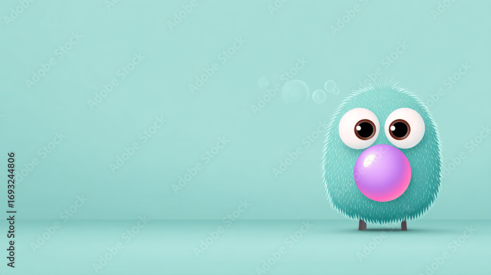 Fototapeta premium Cute fluffy cartoon monster with bubblegum on light blue background