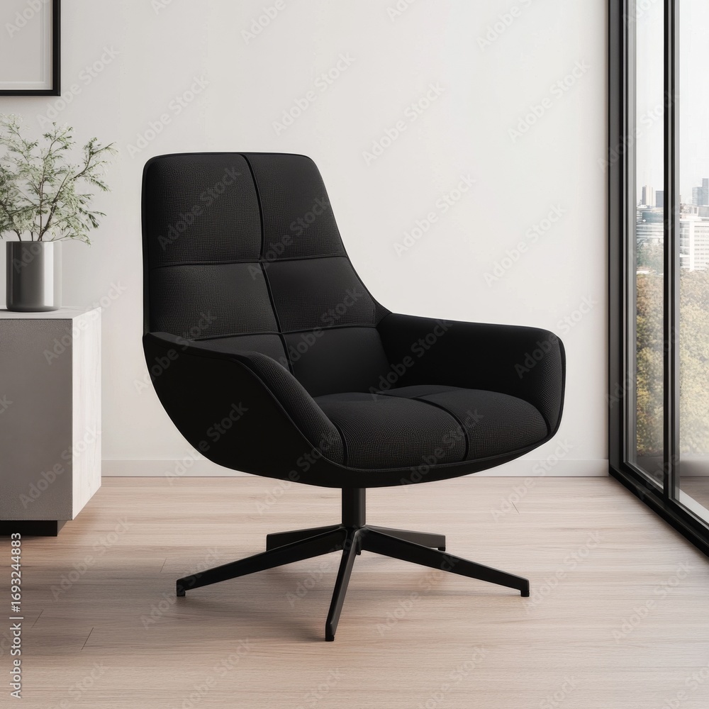 Obraz premium Modern Black Swivel Chair with Quilted Texture, Living Room Decor ,Furniture Design