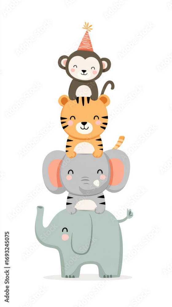 Fototapeta premium Cute animal stack with elephant, tiger, monkey in birthday hat