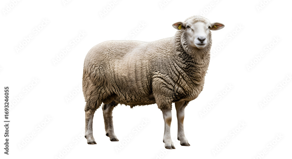 Fototapeta premium A single sheep standing isolated on white.