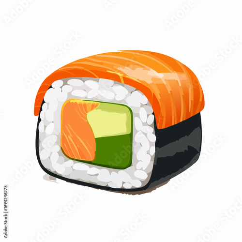 One roll isolated on white background. Japanese traditional food. Close-up realistic illustration