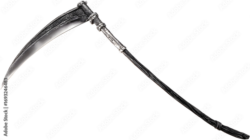 Obraz premium Grim Reaper scythe, sharp silver blade with dark handle, horror prop, single object, PNG cutout