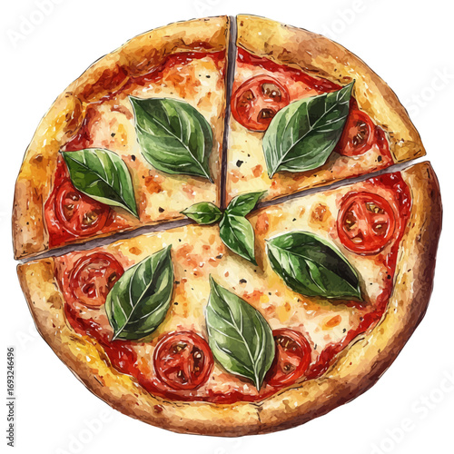 Pizza, watercolor painting vector, isolated on a white background.