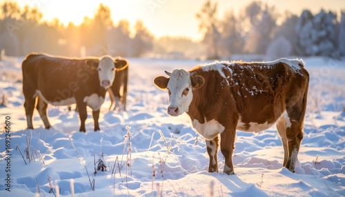 Cows in snowy field at sunrise