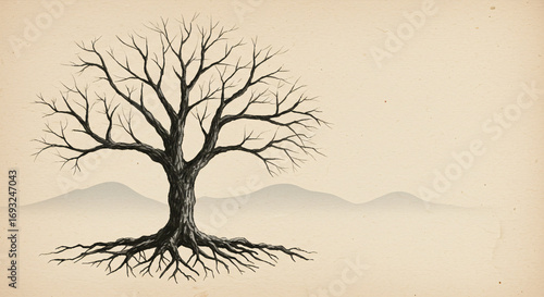 Winter's Embrace Bare Tree Silhouette with Roots and Distant Mountains Illustration
