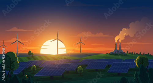 Renewable Sunrise Wind Turbines & Solar Panels Harnessing Energy at Dawn