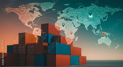 Global Trade Interconnected Logistics Network with Shipping Containers and World Map