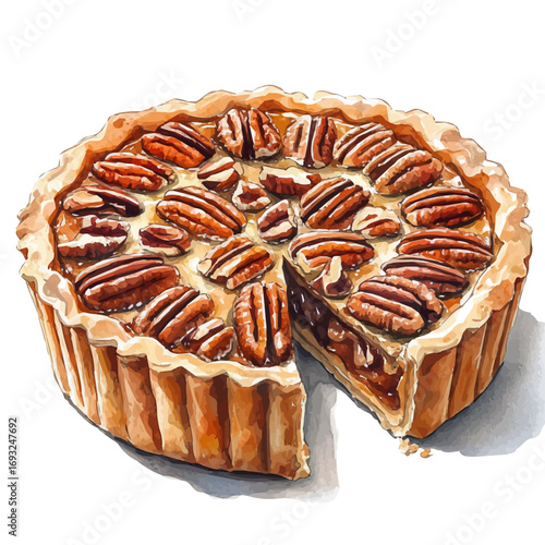 watercolor of Pecan Pie, vector, isolated on a white background.