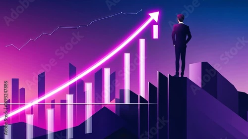 Businessman Standing on Mountain Peak Over Graphs and Charts in Abstract Digital Environment