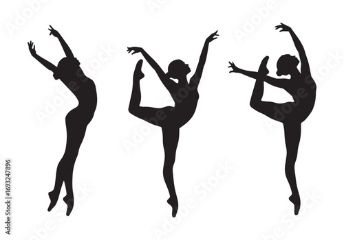 Three elegant ballet dancers silhouettes posed in graceful artistic movements white background