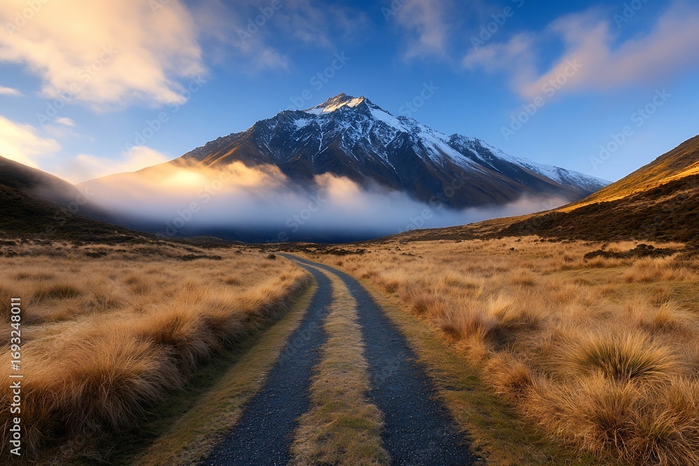 Obraz premium Gravel Road Leading to Snow-Capped Mountain Peak with Foggy Base in Golden Field