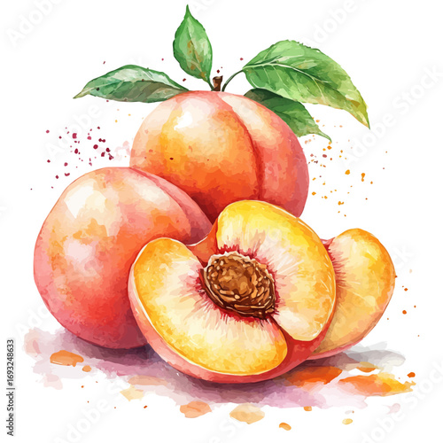 Peach, watercolor drawing vector, isolated on a white background.