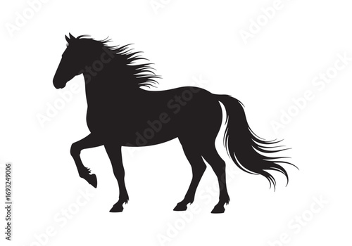Majestic silhouette of a black horse galloping with flowing mane and tail white background