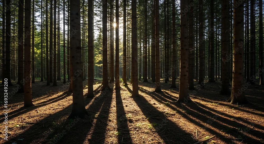 Obraz premium Sunlight Streaming Through A Dense Pine Forest.