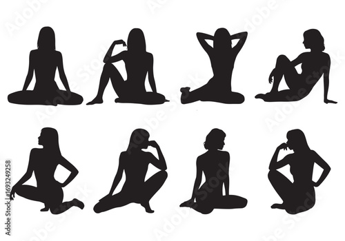 Collection of eight silhouette poses of a woman sitting in various graceful positions white background