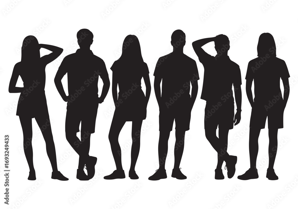 Fototapeta premium Diverse group of young people silhouettes standing together in casual attire outdoors white background