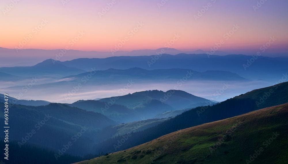 Obraz premium Soft Pastel Mountain Landscape With Misty Hills And Calm Atmosphere At Dawn