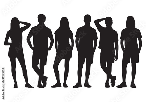 Diverse group of young people silhouettes standing together in casual attire outdoors white background