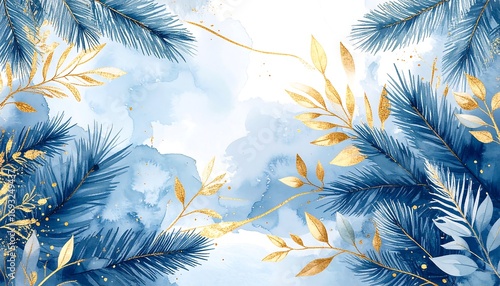 Blue and Gold Watercolor Branches