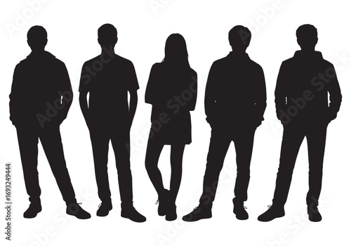 Diverse group of five silhouettes standing together against white backdrop casual wear white background
