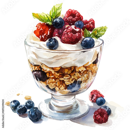 Parfait, watercolor painting vector, isolated on a white background.