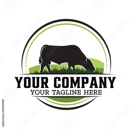 Farm logo with cow grazing in a field, isolated on white background