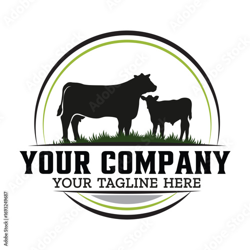 Farm logo with cow and calf silhouette isolated on white background