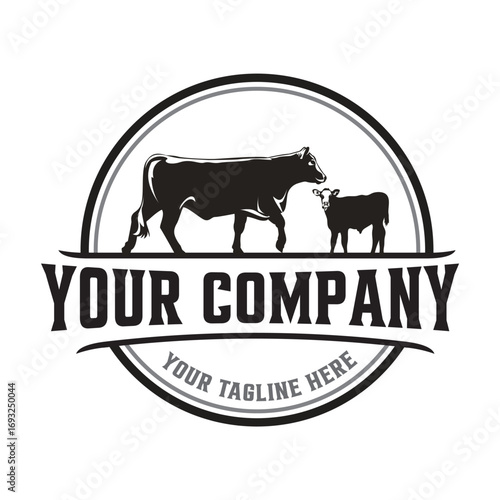 Vintage cattle logo with company name and tagline isolated on white background