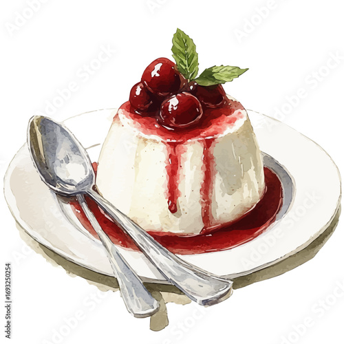 Panna Cotta, watercolor painting vector, isolated on a white background.