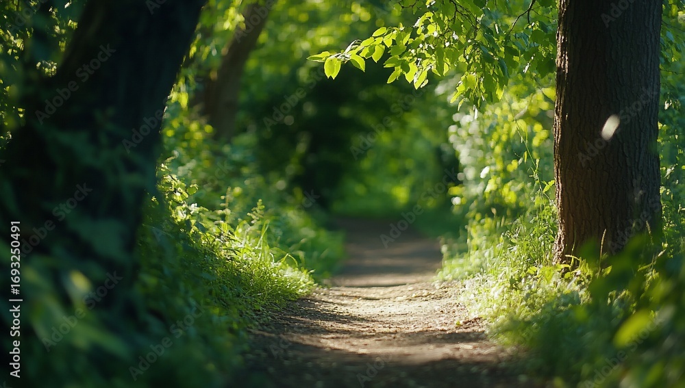 Fototapeta premium Sun-Dappled Path Through Lush Green Forest, Ground Level Perspective