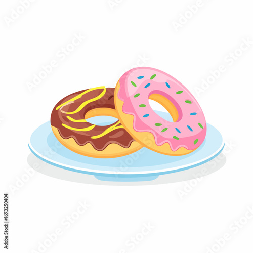 Donuts on a plate. Two beautiful delicious donuts with icing and sprinkles on white background